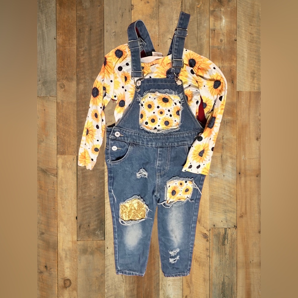 BOUTIQUE CLOTHES-Girls 5T sunflower overall w/long sleeve shirt